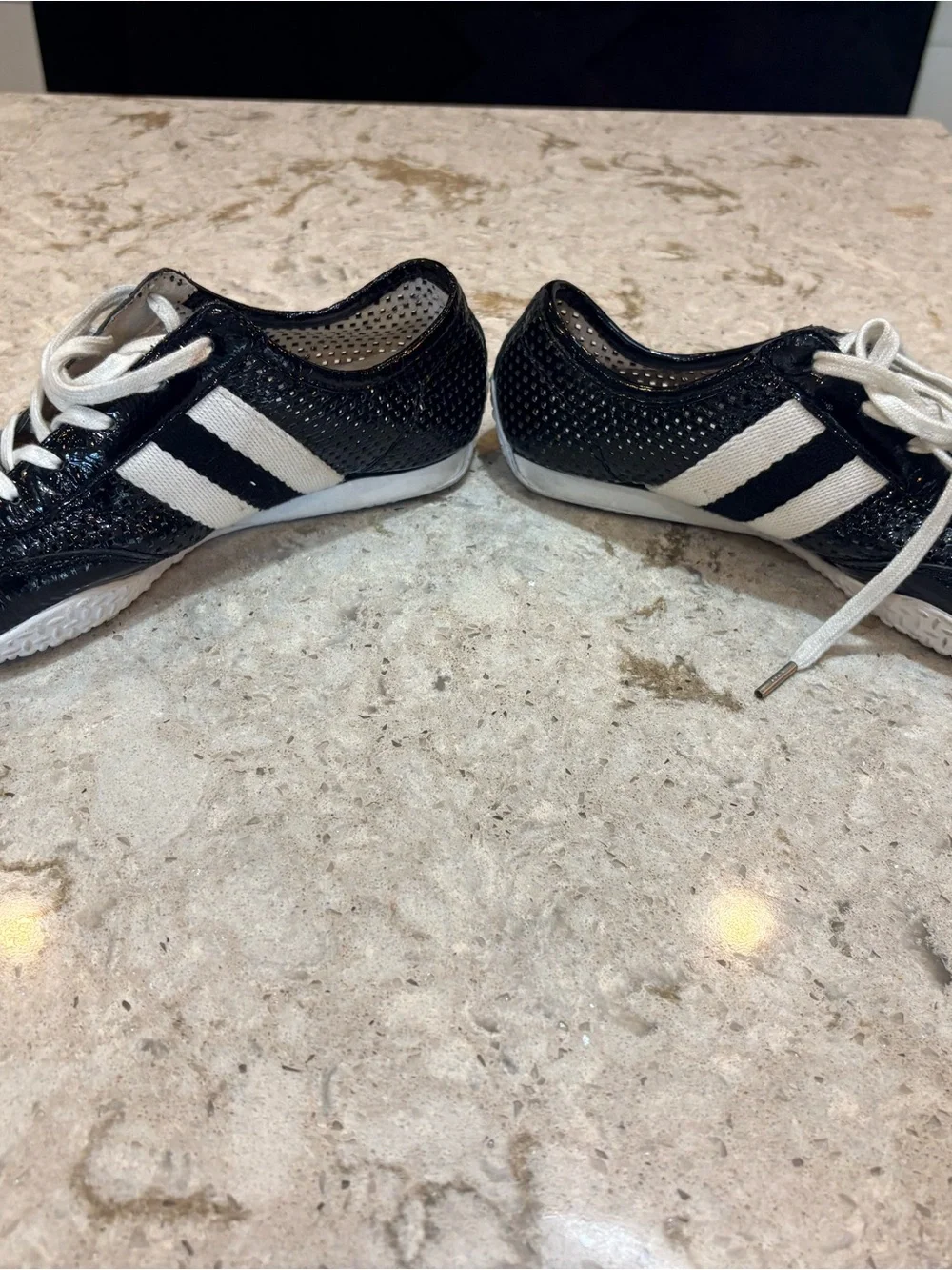 Michael Kors Black Patent Sneakers with White Stripes and Laces